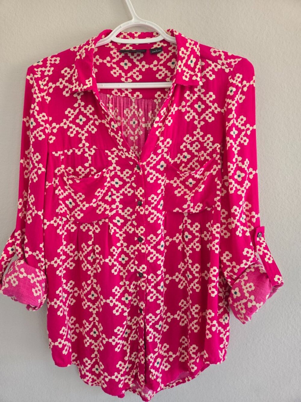 Anthropolgie Maeve Overland Swing Buttondown Blouse Pink Geometric Tile size 2